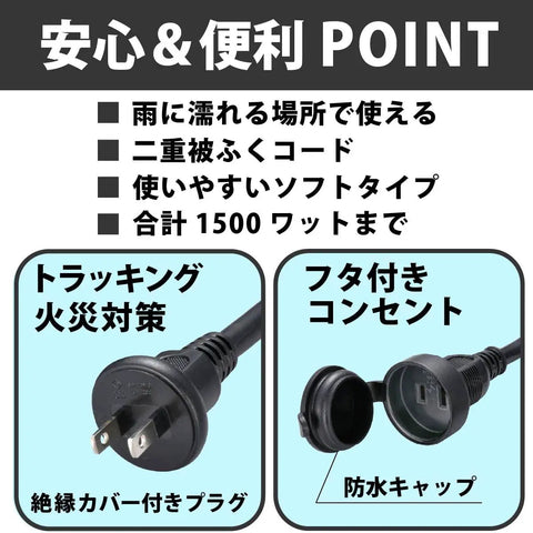Built Tough Weatherproof Extension Cord With Secure Waterproof Outlet Cap 5 Meter Heavy Duty Power Cable Double Insulated Fire Safe Plug Soft Flex Black Cord For Wet Jobs And DIY Projects, showing black plug and waterproof cap.