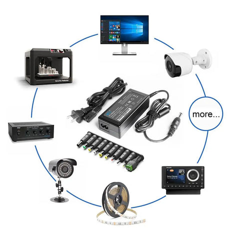 Image displaying 12V Universal Power Supply for Sony PS4 PSVR PSVR2 and NAS Systems, MSI Monitors, Zebra ZQ Printers, and other devices.