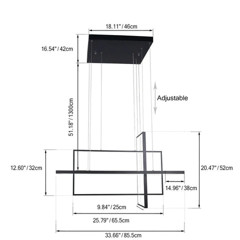 Dope Black Acrylic LED Pendant Lights For Kitchen Island With Remote Dimmer Dimmable Nature White To Warm White High Lumen Ceiling Hanging Light Fixture For Dining Room And Living Room 33x14.9x59 Inches dimensions illustration.