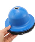 Get That Wheel Hub Looking Fresh With Heavy Duty Wire Brush Grinding Discs And Silicon Carbide Polishing Wheels For Serious Car Detailing And Metal Surface Restoration Efforts, blue grinding disc in hand.