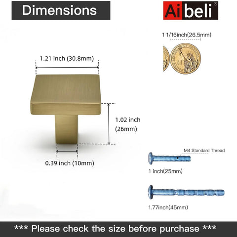 Dimensions of Champagne Bronze Cabinet Knobs Set 10 Pack for Kitchen Cabinets and Drawers with screws, side view.