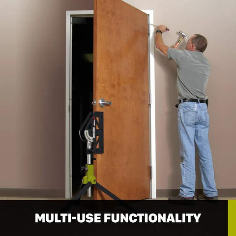 JawStand XP Heavy Duty Work Support Stand with Micro Height Adjustment Knob in use for mounting a door securely on site