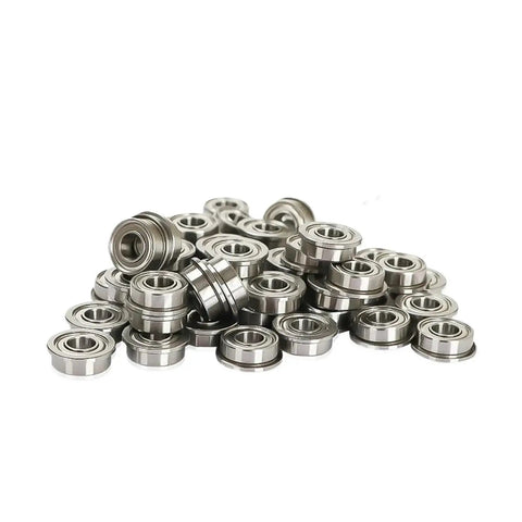 10 Pack Shielded Flange Ball Bearings Set F682ZZ Through F689ZZ shown in stack, thin wall metal design for micro machines precision use.