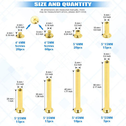 Premium Pro Grade Chicago Screws Assortment Kit M5 Brass Plated Binding Screw Posts showing various sizes and quantities