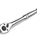 Quarter Inch Drive Ratchet, 90 Tooth Quick Release, Reversible Wrench, Cr V Steel, Full Polish Finish, tool displayed diagonally