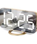 7 Inch LED Mirror Display Alarm Clock With Dual USB Ports, Auto Dim And Night Mode on a modern living room background