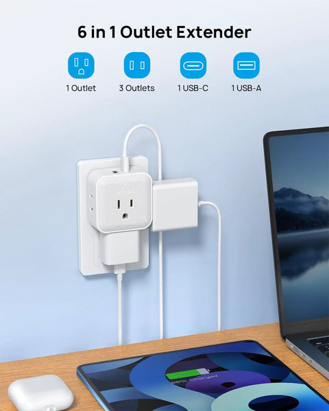 Six In One Wall Outlet Extender with USB C and USB A Ports, 3 Type A Sockets, in use with tablet and laptop on desk