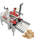 Pro Grade Automatic Carton Sealer Featuring Double Flap Tape Sealing Machine With Wide Adjustable Opening Up To Nineteen Inches, angled view with cartons.