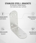 Rock Solid Stainless Steel L Brackets 90 Degree Corner Brace for Furniture and Shelf Reinforcement with slotted holes