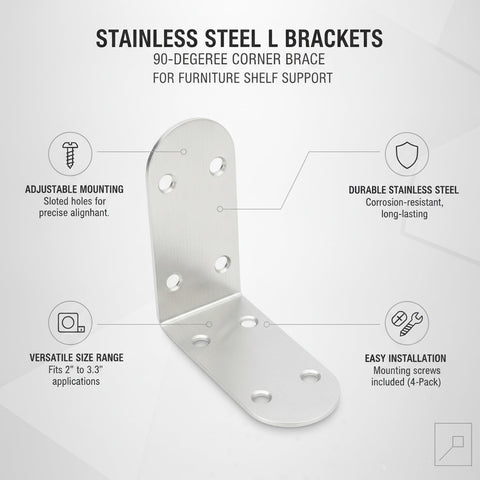 Rock Solid Stainless Steel L Brackets 90 Degree Corner Brace for Furniture and Shelf Reinforcement with slotted holes