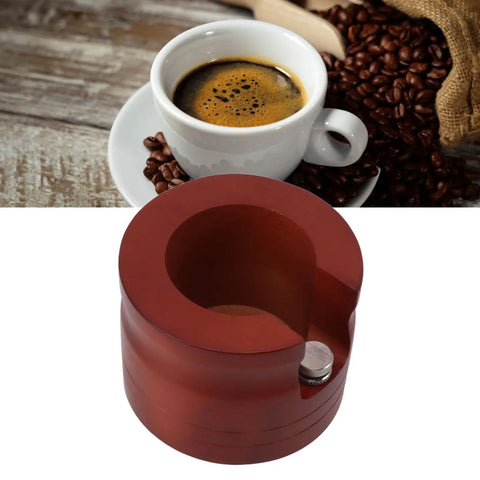 Hit The Daily Grind Right With This Solid Wood Red Portafilter Holder Stand Bottomless Tamp Base Precision Slot Tamper Fits 51Mm And 54Mm Filters showing red wood base with a coffee cup.
