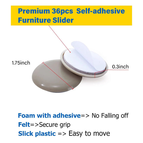 Self-Adhesive Carpet Furniture Sliders 36 Pack 1.75 Inch Move Heavy Furniture Easily Without Scratching Floors Or Carpets No-Hassle Pads With Durable Plastic And EVA Foam Cushions For Quick Safer Rearranging