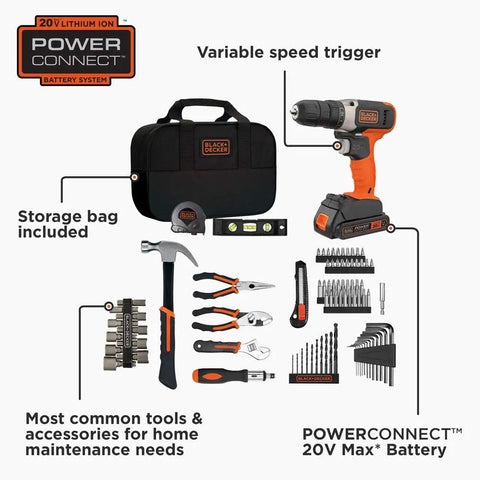 Home Tool Kit With 20V Max Drill Driver, 83-Piece Set Including tools, drill bits, pliers, and carry bag