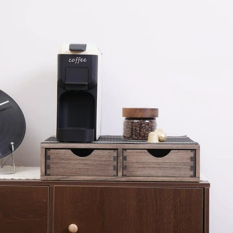 Coffee machine on wooden box chest Coffee Pods Storage Drawer Organizer For Capsules Multi Function Desk And Kitchen Organizer