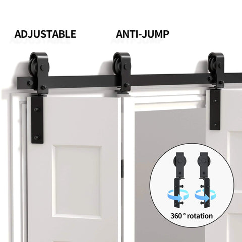 48 Inch Double Bifold Sliding Barn Door Hardware Kit for Closets with Smooth Quiet Operation, adjustable metal hangers shown