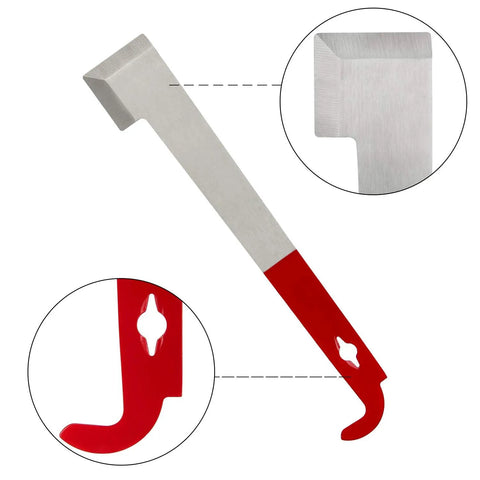 Close-up of Stainless Frame Lifter And Scraper J Hook Hive Tool Beekeeping Pry Bar 11 Inch Dual Pack Durable Stainless Steel Nail Remover Multi Tool