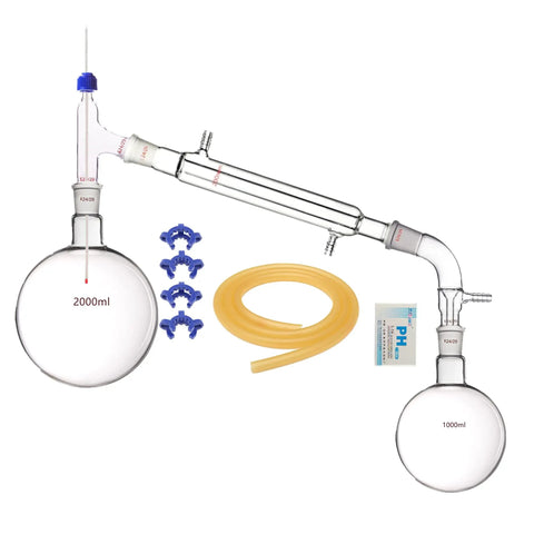 2000ml 24/40 Borosilicate Glass Distillation Apparatus Lab Kit for precision purification, includes flasks and attachments.