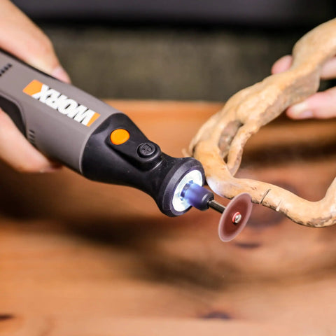 8V Cordless Rotary Tool With Internal Battery, Lightweight And Compact, sanding a wood piece with LED work light on
