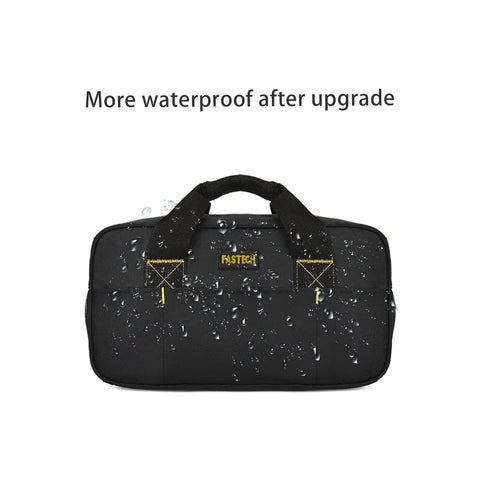 Black waterproof 14 Inch Wide Mouth Tool Tote Bag For Electricians And Pros with water droplets, durable 600D Oxford cloth.