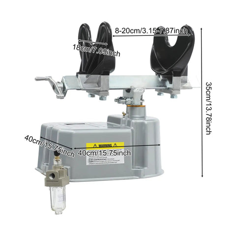 Solid As A Rock Air Operated Paint Shaker Heavy Duty Adjustable Clamp Agitator Mixer showing dimensions and clamp details.