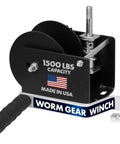 Worm Gear Winch WG1500 With 7 Inch Ergonomic Handle Beefy 1500 Lb Capacity And 30 To 1 Gear Ratio shown with black handle