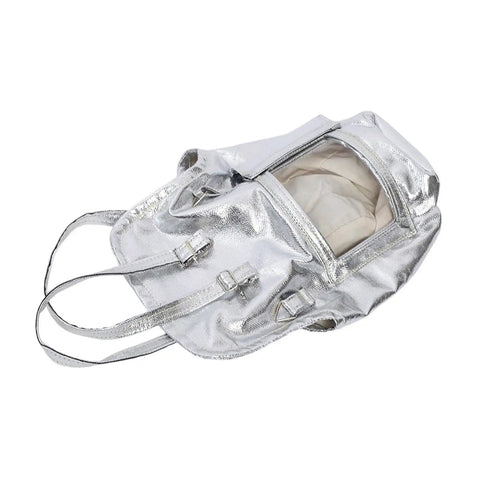 Hot Stuff Fireproof Welding Hood With Unisex Fit For Pros Uses Breathable Inner Layer Flame Retardant Shell Aluminum Foil Build Heat Metal Splash Shield Durable Supplies Gear in silver with transparent zippered pocket.