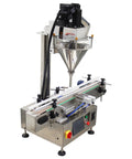 Slick Automatic Desktop Filler For Powders And Granules Featuring Chain Conveyor And Digital Scale 110V with stainless steel funnel.
