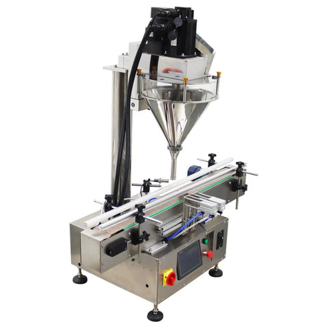 Slick Automatic Desktop Filler For Powders And Granules Featuring Chain Conveyor And Digital Scale 110V with stainless steel funnel.