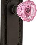 Egg And Dart Plate Crystal Pink Glass Door Knob In Oil Rubbed Bronze Finish, Classic Passage Non Locking Door Knob Set