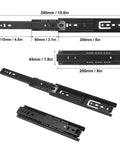 Seven Pair Eight Inch Black Soft Close Drawer Slides Heavy Duty Steel Ball Bearing Gliders shown with dimensions for easy installation.