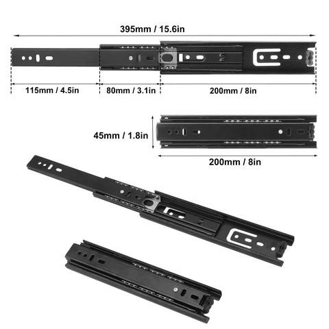 Seven Pair Eight Inch Black Soft Close Drawer Slides Heavy Duty Steel Ball Bearing Gliders shown with dimensions for easy installation.
