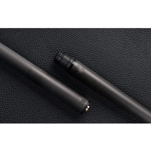 Next Level Carbon Fiber Pool Cue Shaft With Rock Solid 3/8x8 Threaded Joint Uni Loc Ready Seamless Butt Design Killer Power Transfer Top Tier Finish Available In Sharp Black 12.4mm Cut close-up of the carbon fiber material and threaded joint.