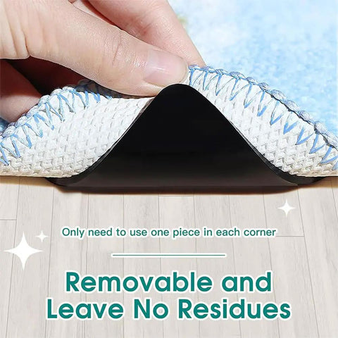 Close-up of 4 Pack Non Slip Rug Pad Grippers with Double Sided Reusable Adhesive in use showing residue-free removal