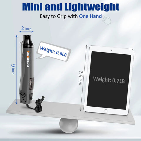 Compact 300W Heat Gun Kit With 662F Output For Crafts And DIY Projects next to tablet showing size and weight comparison