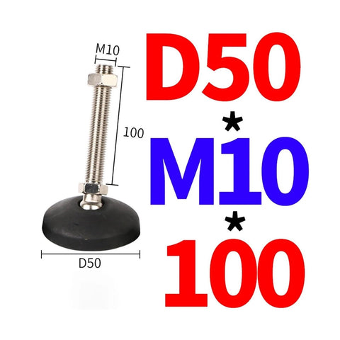 Beefy Adjustable Furniture Leveling Feet With Swivel Base And Tilt Joint Compatible M8 M10 M12 Screws shown with dimensions D50 M10 100.