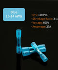 16-14 AWG Heat Shrink Butt Connectors, 100 Pcs Blue Insulated Waterproof Wire Splice Connectors For Marine And Automotive Crimp Wiring Terminals, Heavy Duty Copper Core, 3 To 1 Shrink Ratio