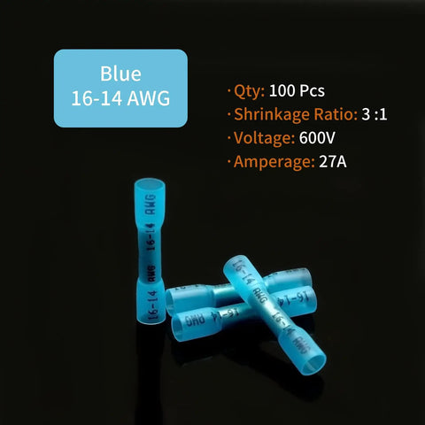 16-14 AWG Heat Shrink Butt Connectors, 100 Pcs Blue Insulated Waterproof Wire Splice Connectors For Marine And Automotive Crimp Wiring Terminals, Heavy Duty Copper Core, 3 To 1 Shrink Ratio