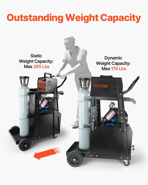 Heavy Duty 2 Tier Welder Cart With Anti Theft Lockable Cabinet, 360 Degree Swivel Wheels, Tank Storage And Safety Chains
