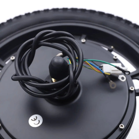 Close-up of the Beefy 16 Inch Front Wheel Hub Motor Kit for E Bikes 1000W 48V Brushless Conversion Kit with wiring details.
