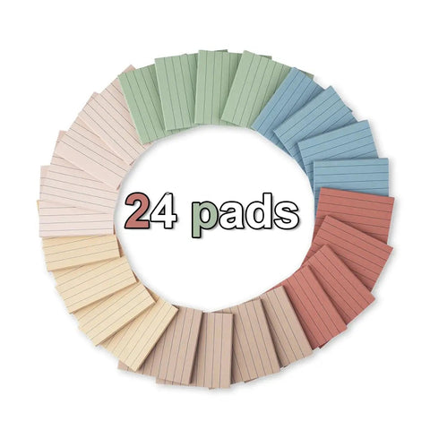 Twenty Four Pack Of 3x3 Inch Lined Sticky Notes With Ultra Strong No Slip Adhesive displayed in a circular arrangement