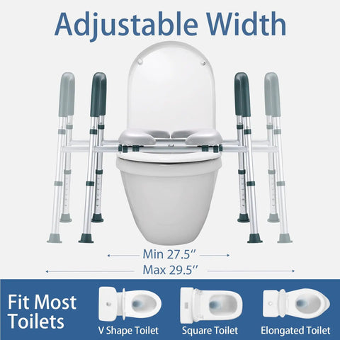 Straight Up Raised Toilet Seat With Cozy Padded Handles And Adjustable Height For Seniors 27.5 to 29.5 inch adjustable width.