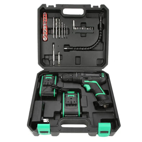 Professional Grade Heavy Duty Badass Cordless Drill 21V Electric Power Tool 45Nm in a compact case with accessories.