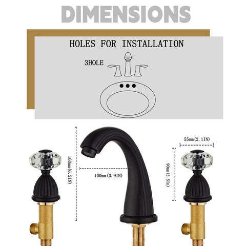 Dimensions and installation guide for Black Three Hole Widespread Bathroom Faucet With Two Crystal Handles, brass construction