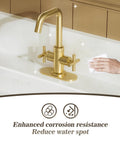 Brushed Gold 2-Handle 4 Inch Centerset Bathroom Faucet With Drain Deck Plate And Supply Hoses Fits 1 Or 3 Hole Mounts