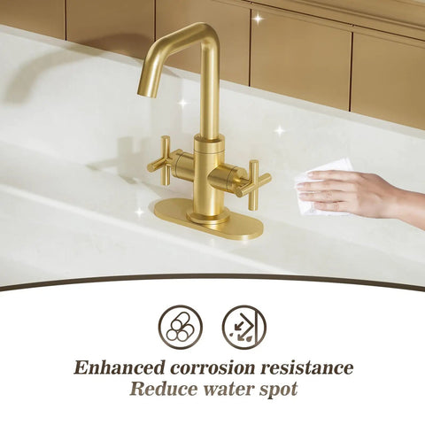 Brushed Gold 2-Handle 4 Inch Centerset Bathroom Faucet With Drain Deck Plate And Supply Hoses Fits 1 Or 3 Hole Mounts
