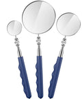 Three Piece Telescoping Inspection Mirrors Set, Pro Grade Stainless Steel Extendable Mechanic Mirrors With Long Handles For Techs, Mechanics, Contractors, Blue