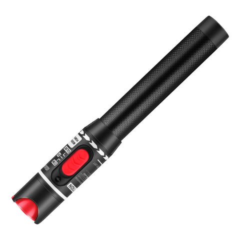 Pro Grade Visual Fault Locator Fiber Optic Tester with black casing and red tip, handheld device for detecting fiber faults.