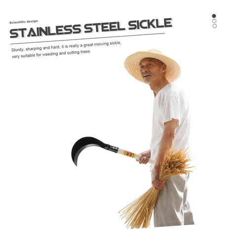 Man holding Multipurpose Long Handled Sickle For Gardening With Manganese Steel Blade And Wooden Grip Ergonomic Weeding And Harvesting Tool