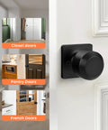 8 Piece Black Dummy Door Knob Set For Closet And Interior Doors Matte Black Finish Non Turning Handles With Single Side Rectangle Panel on white door