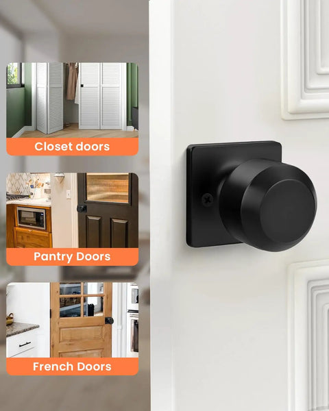 8 Piece Black Dummy Door Knob Set For Closet And Interior Doors Matte Black Finish Non Turning Handles With Single Side Rectangle Panel on white door